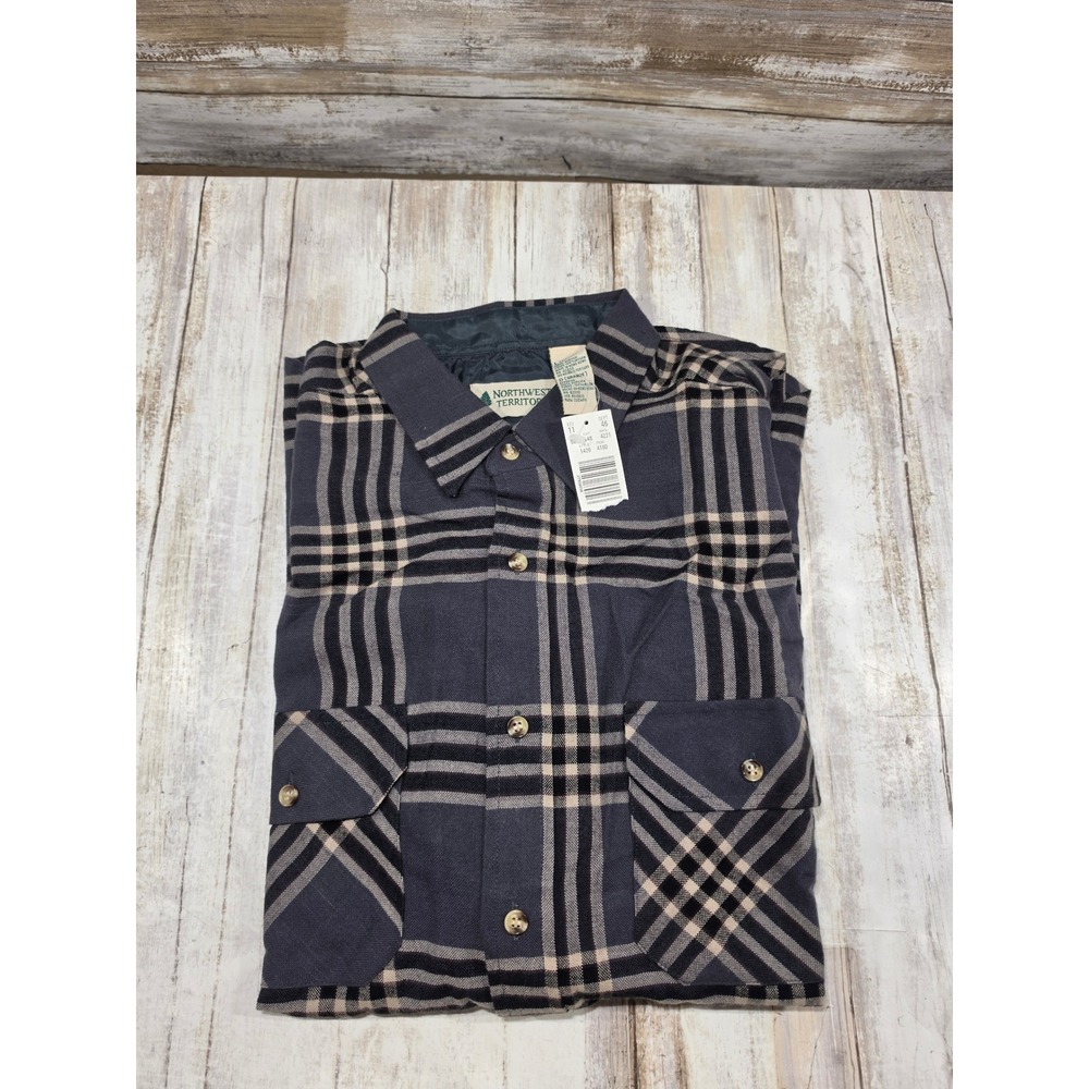 Northwest Territory Mens Large Plaid Button Down Shirt Grey Black Vintage NOS